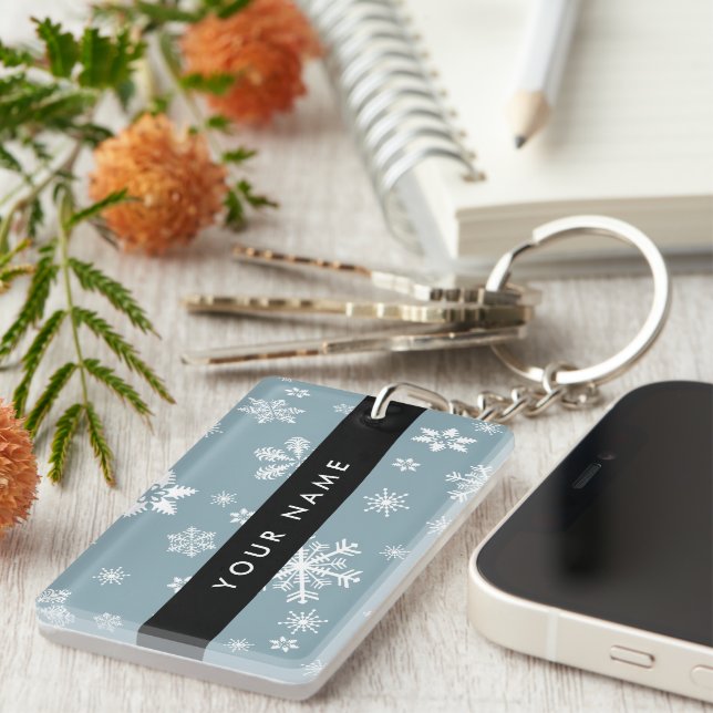 White Snowflakes, Gray, Your name, Personalize Keychain (Front Right)