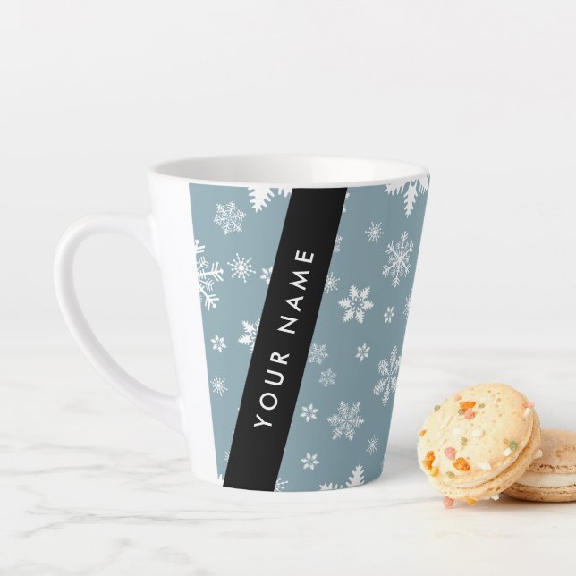 White Snowflakes, Gray, Your name, Personalize Latte Mug (In Situ)