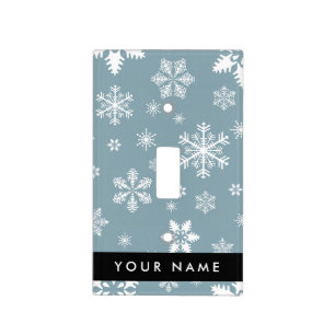 White Snowflakes, Gray, Your name, Personalize Light Switch Cover