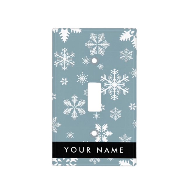 White Snowflakes, Gray, Your name, Personalize Light Switch Cover (Front)