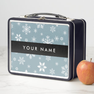White Snowflakes, Gray, Your name, Personalize Metal Lunch Box