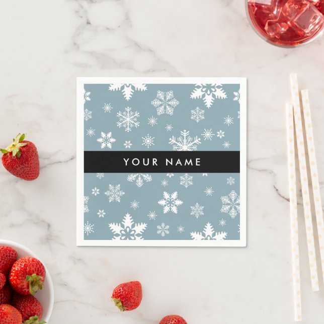 White Snowflakes, Gray, Your name, Personalize Napkins (Insitu)