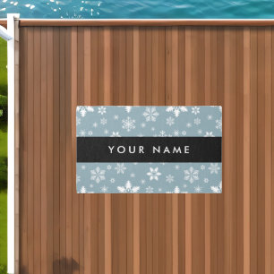 White Snowflakes, Gray, Your name, Personalize Outdoor Rug