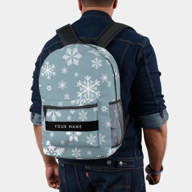 White Snowflakes, Gray, Your name, Personalize Printed Backpack (Insitu (Model))