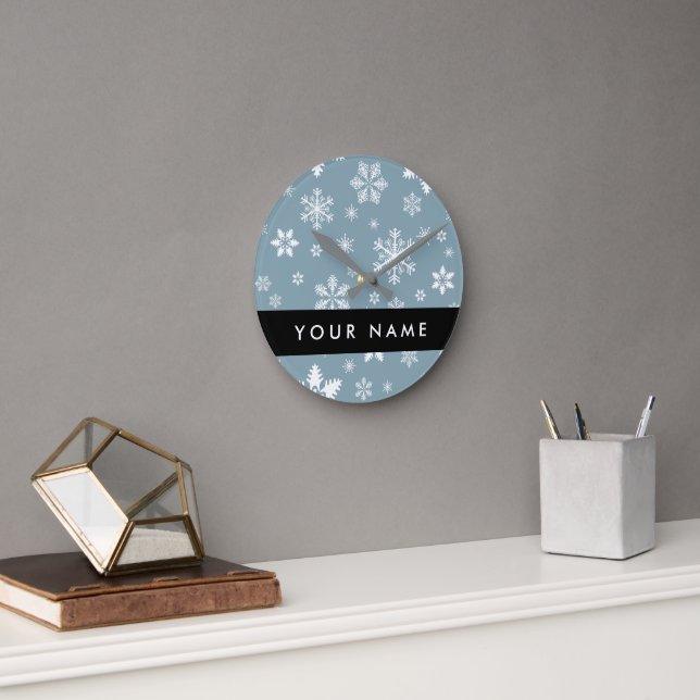 White Snowflakes, Gray, Your name, Personalize Round Clock (Office)