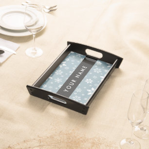 White Snowflakes, Gray, Your name, Personalize Serving Tray