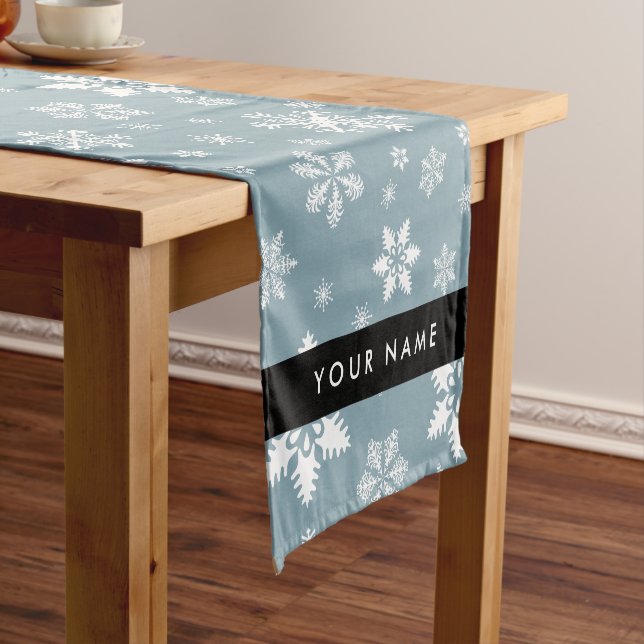 White Snowflakes, Gray, Your name, Personalize Short Table Runner (In Situ)