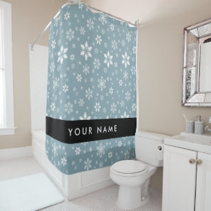 White Snowflakes, Gray, Your name, Personalize Shower Curtain