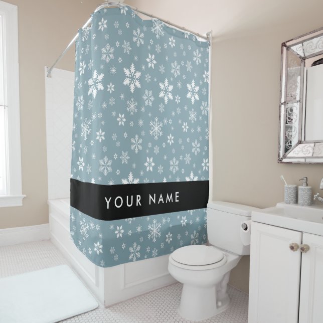 White Snowflakes, Gray, Your name, Personalize Shower Curtain (In Situ)