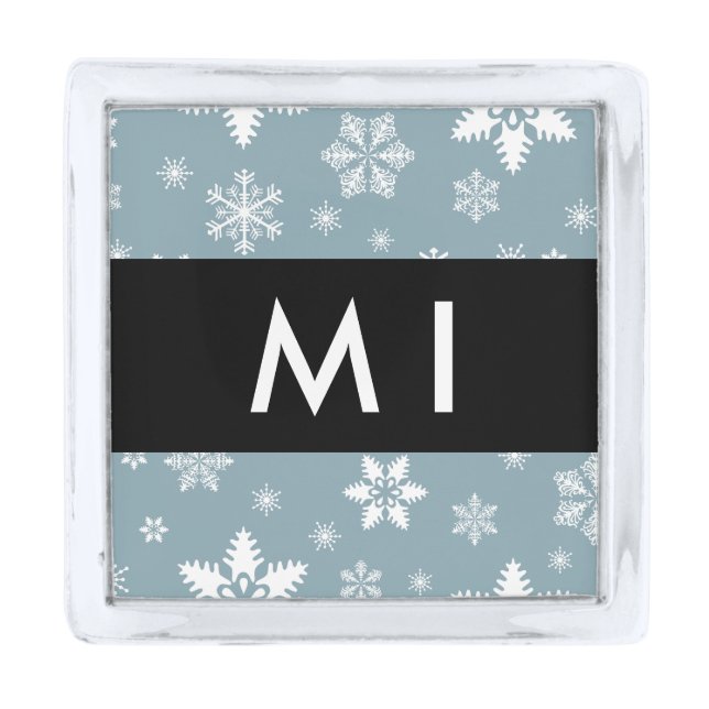 White Snowflakes, Gray, Your name, Personalize Silver Finish Lapel Pin (Front)