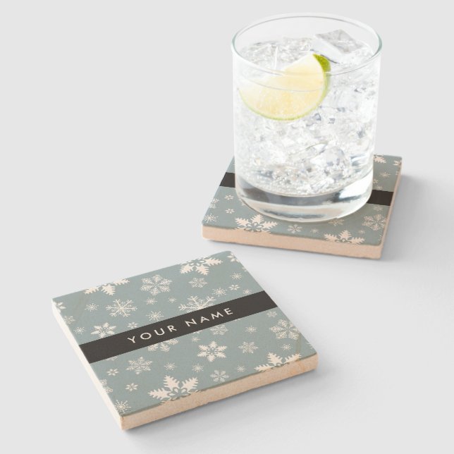 White Snowflakes, Gray, Your name, Personalize Stone Coaster (Side)
