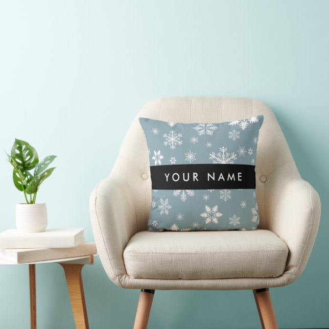 White Snowflakes, Gray, Your name, Personalize Throw Pillow (Chair)
