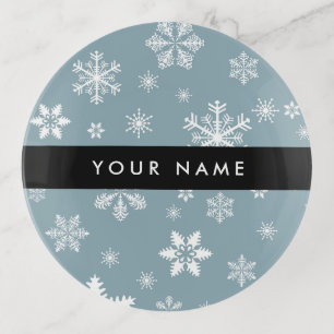 White Snowflakes, Gray, Your name, Personalize Trinket Tray