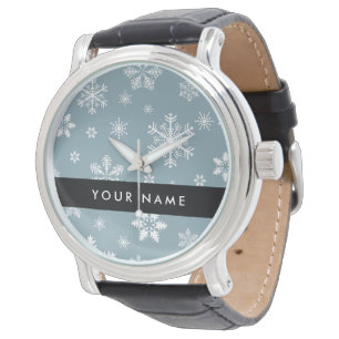 White Snowflakes, Gray, Your name, Personalize Watch