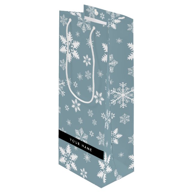 White Snowflakes, Gray, Your name, Personalize Wine Gift Bag (Front Angled)