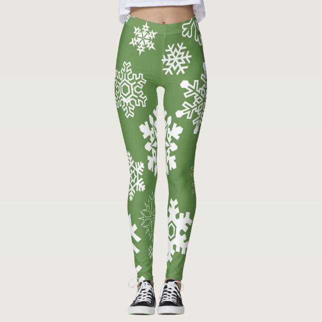 White Snowflakes - Green Leggings (Front)