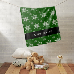 White Snowflakes, Green, Your name, Personalize Baby Blanket