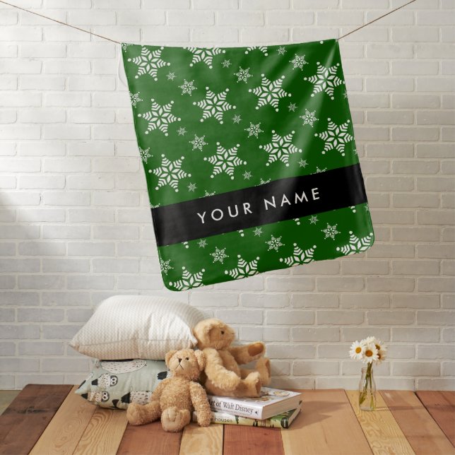 White Snowflakes, Green, Your name, Personalize Baby Blanket (In Situ)