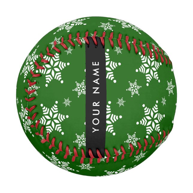 White Snowflakes, Green, Your name, Personalize Baseball (Front Left)
