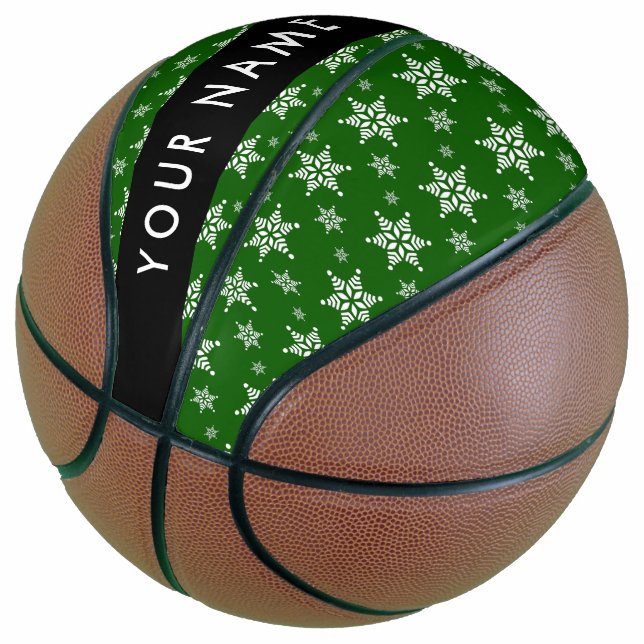 White Snowflakes, Green, Your name, Personalize Basketball (Angled)