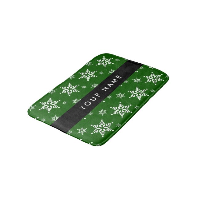 White Snowflakes, Green, Your name, Personalize Bath Mat (Angled)