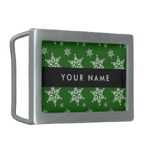 White Snowflakes, Green, Your name, Personalize Belt Buckle
