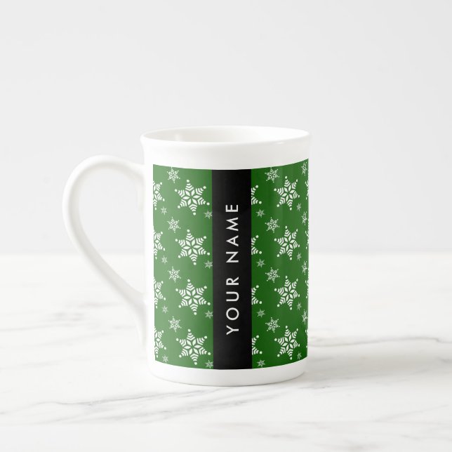 White Snowflakes, Green, Your name, Personalize Bone China Mug (Left)
