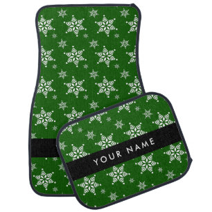 White Snowflakes, Green, Your name, Personalize Car Floor Mat