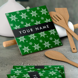 White Snowflakes, Green, Your name, Personalize Ceramic Tile