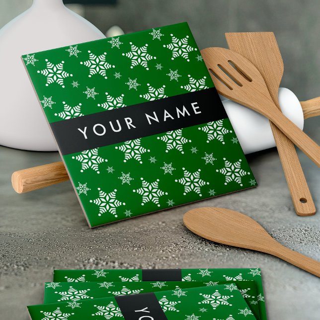 White Snowflakes, Green, Your name, Personalize Ceramic Tile (Creator Uploaded)