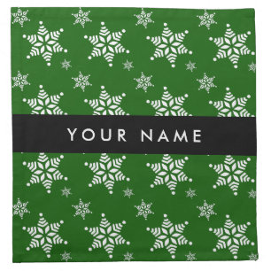White Snowflakes, Green, Your name, Personalize Cloth Napkin
