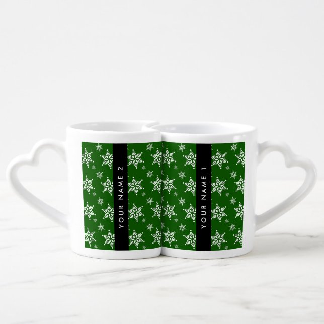 White Snowflakes, Green, Your name, Personalize Coffee Mug Set (Back Nesting)
