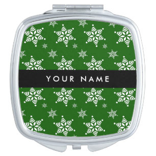 White Snowflakes, Green, Your name, Personalize Compact Mirror