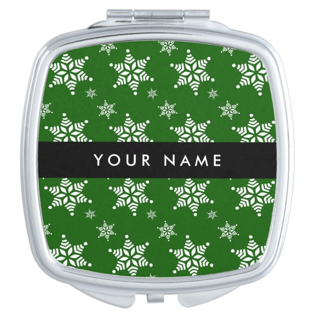 White Snowflakes, Green, Your name, Personalize Compact Mirror (Front)