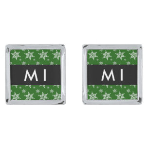 White Snowflakes, Green, Your name, Personalize Cufflinks