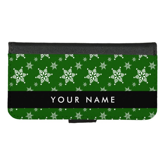 White Snowflakes, Green, Your name, Personalize iPhone Wallet Case (Front (Horizontal))