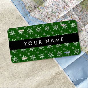 White Snowflakes, Green, Your name, Personalize License Plate