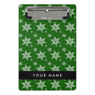 White Snowflakes, Green, Your name, Personalize Mini Clipboard