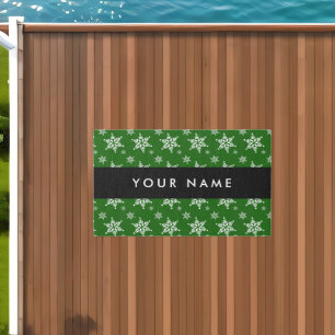 White Snowflakes, Green, Your name, Personalize Outdoor Rug