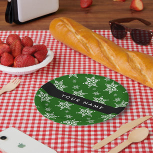 White Snowflakes, Green, Your name, Personalize Paper Plates