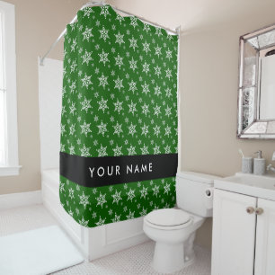 White Snowflakes, Green, Your name, Personalize Shower Curtain