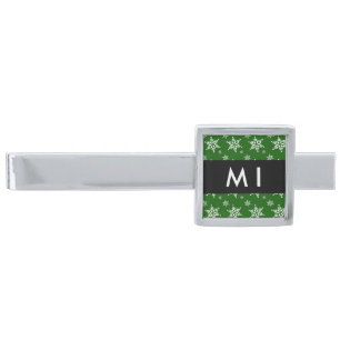 White Snowflakes, Green, Your name, Personalize Silver Finish Tie Bar