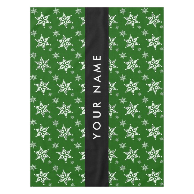 White Snowflakes, Green, Your name, Personalize Tablecloth (Front)