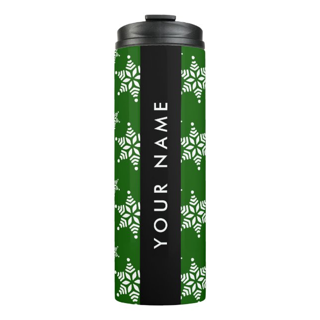 White Snowflakes, Green, Your name, Personalize Thermal Tumbler (Front)