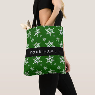 White Snowflakes, Green, Your name, Personalize Tote Bag