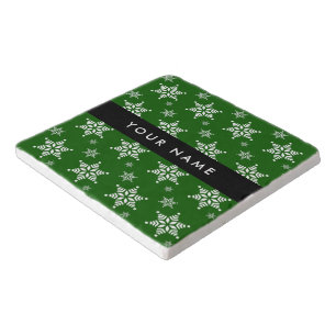 White Snowflakes, Green, Your name, Personalize Trivet