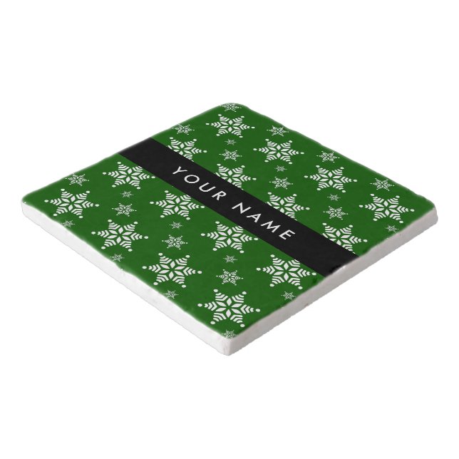 White Snowflakes, Green, Your name, Personalize Trivet (Corner)