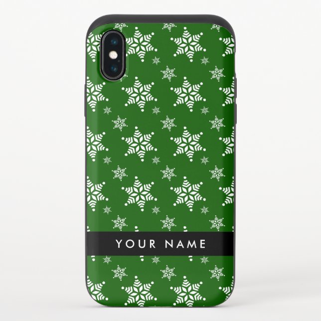 White Snowflakes, Green, Your name, Personalize Uncommon iPhone Case (Back)