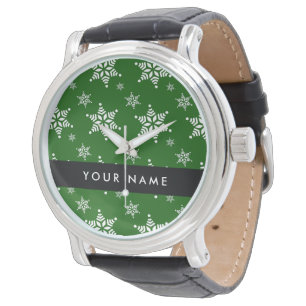 White Snowflakes, Green, Your name, Personalize Watch