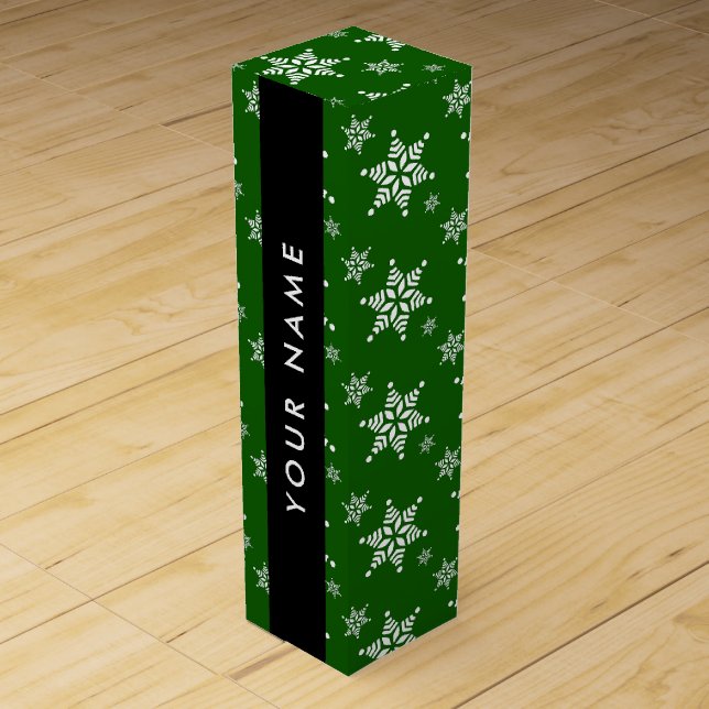 White Snowflakes, Green, Your name, Personalize Wine Box (Front)